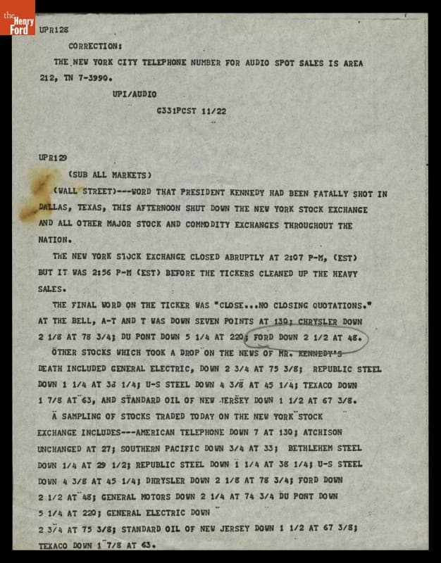 Teletype Message with Wire Service News Coverage of John F. Kennedy Assassination, November 22, 1963