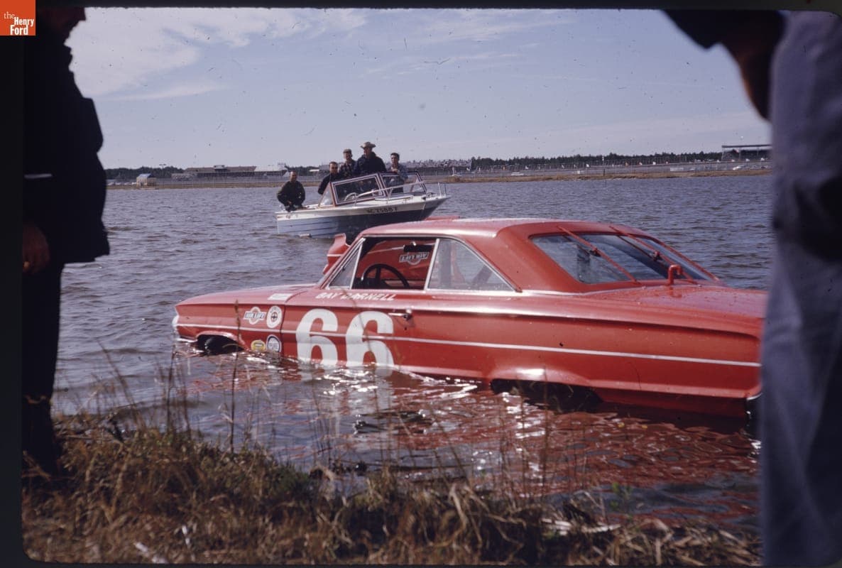 Bay Darnell's Ford Galaxie in Lake Lloyd, Daytona International Speedway, February 8, 1964