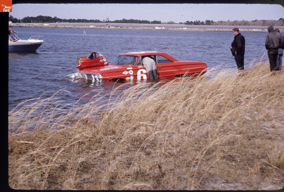 Bay Darnell's Ford Galaxie in Lake Lloyd, Daytona International Speedway, February 8, 1964