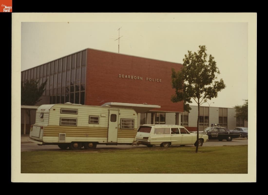 Campers outside Dearborn Police Department, Day of Henry Ford Museum Fire, August 9, 1970