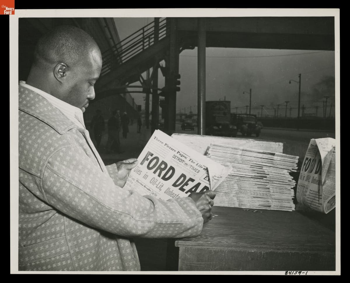 Man Reading the Detroit Times Newspaper with Headline "Ford Dead," April 8, 1947