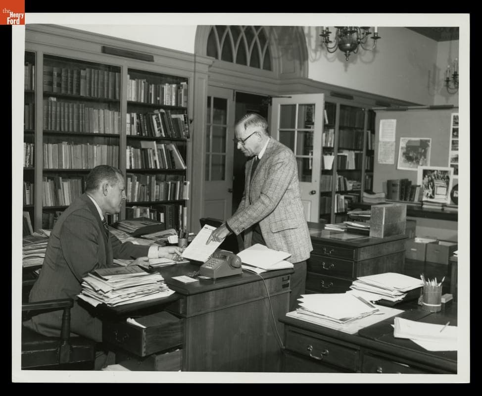 Dave Crippen and Win Sears in the Ford Archives, Henry Ford Museum, 1978