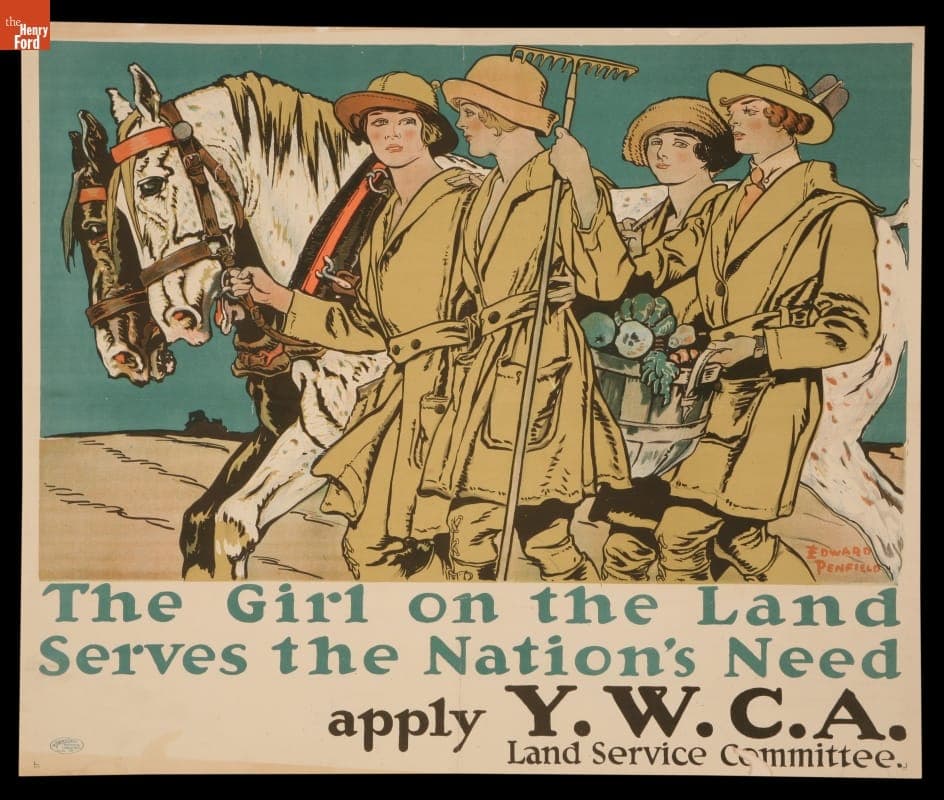 World War I Poster, "The Girl on the Land Serves the Nation's Need, Apply Y.W.C.A. Land Service Committee" circa 1917