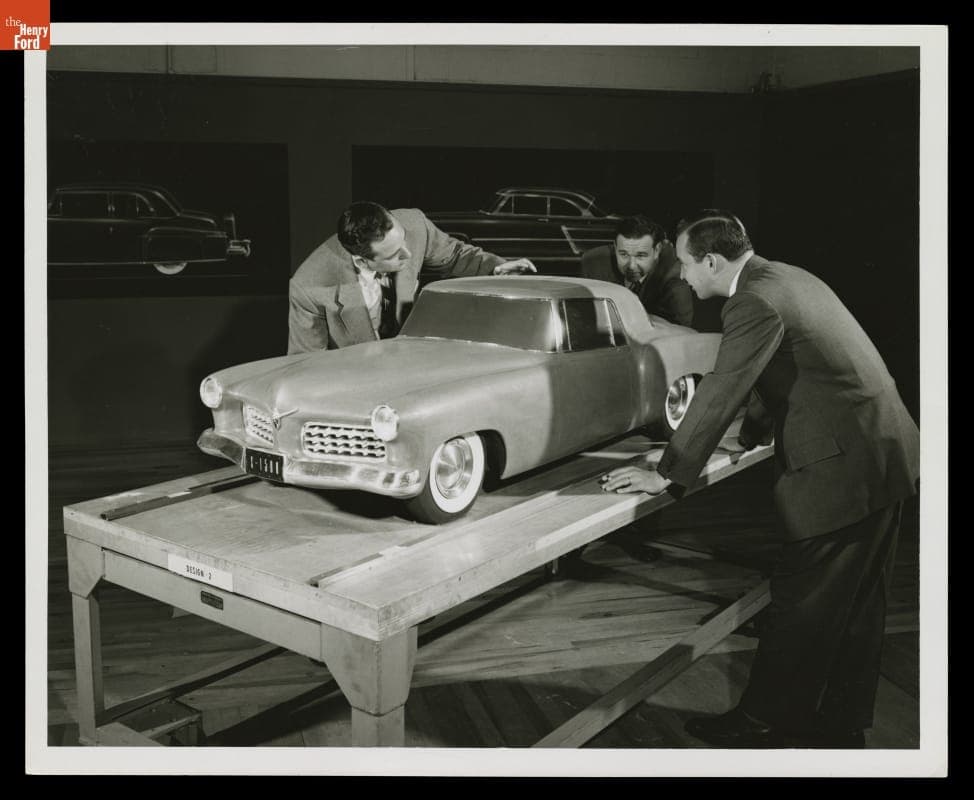 William Clay Ford with Continental Division Chief Stylist and Engineer, and Continental Mark II Model, February, 1953