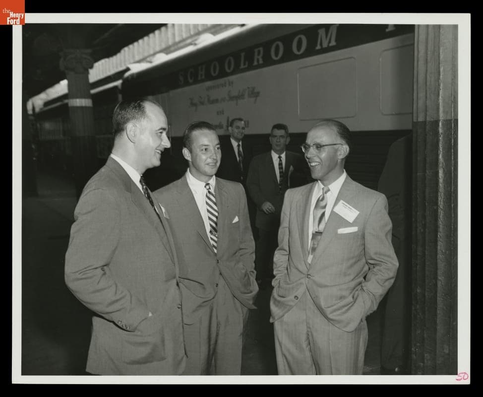 Donald A. Shelly, William Clay Ford, and Frank Caddy at Press Preview for Schoolroom Progress USA, 1955