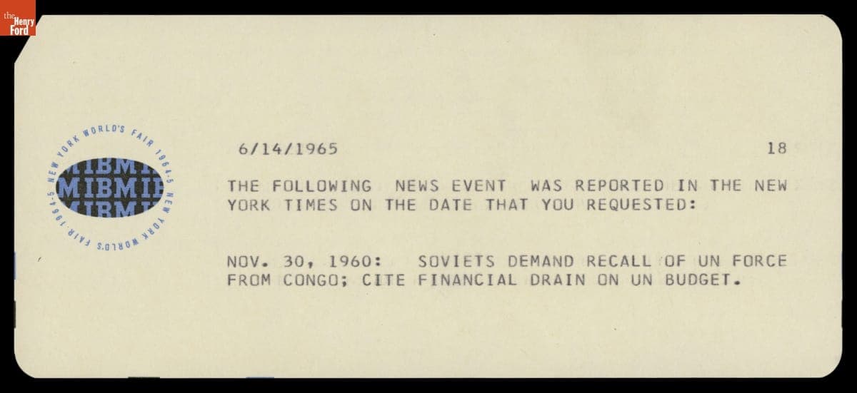 Souvenir Card from IBM Pavilion at the 1964/1965 New York World's Fair, "News Event Reported in the New York Times November 30, 1960"