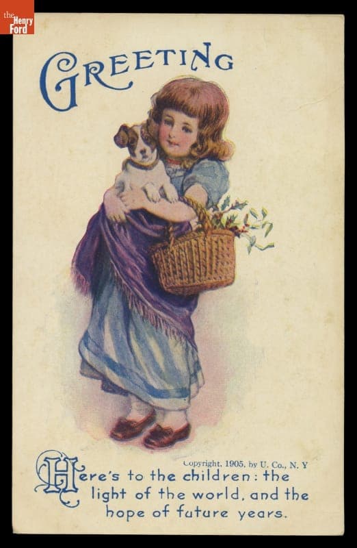 Postcard, Girl Holding Puppy, "Here's to the Children," 1905