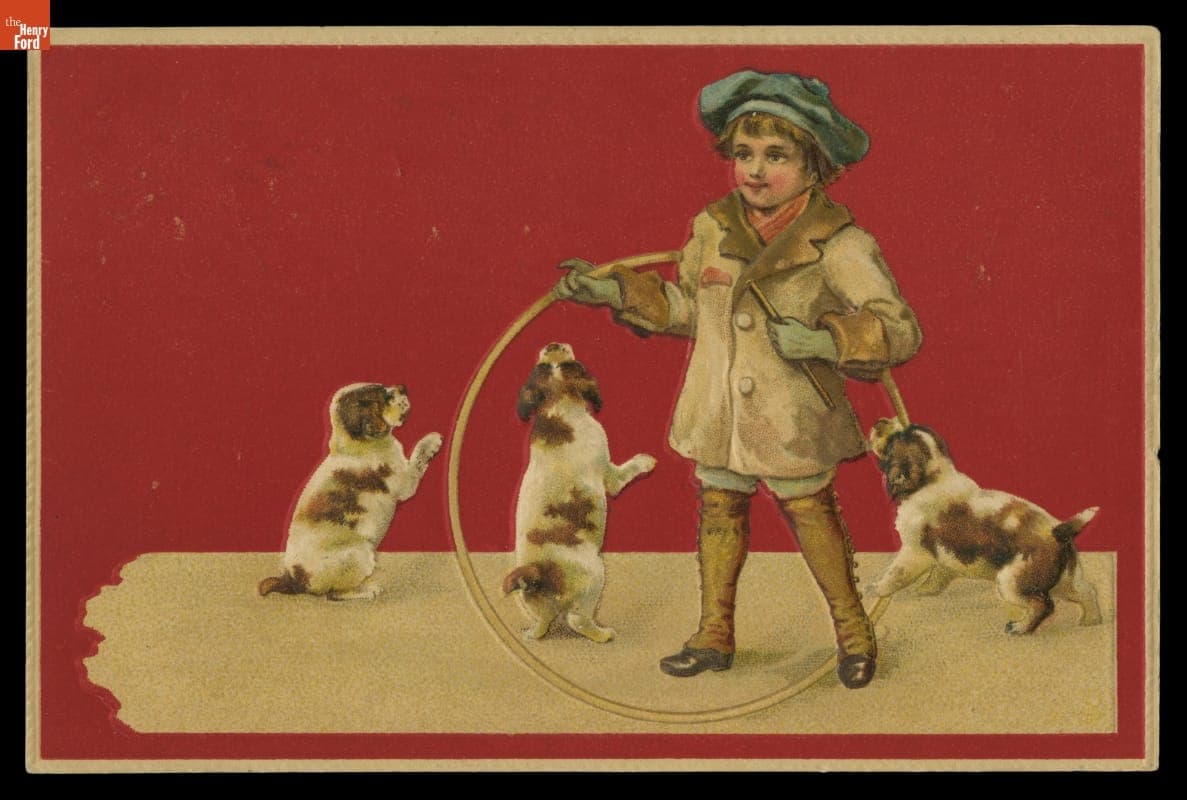 Postcard, Boy Playing with Puppies, 1908