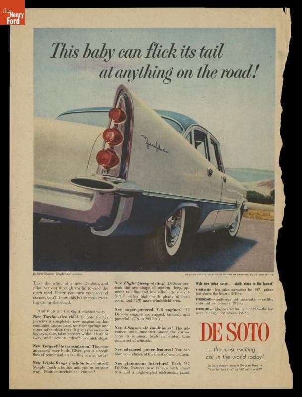 1957 DeSoto Fireflite Advertisement, "This Baby Can Flick its Tail at Anything on the Road!"