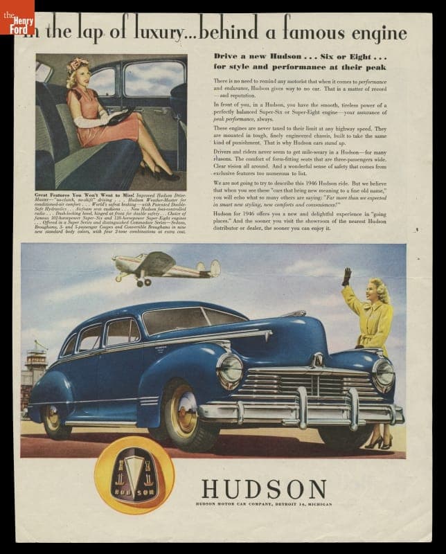1946 Hudson Advertisement, "In the Lap of Luxury...Behind a Famous Engine"