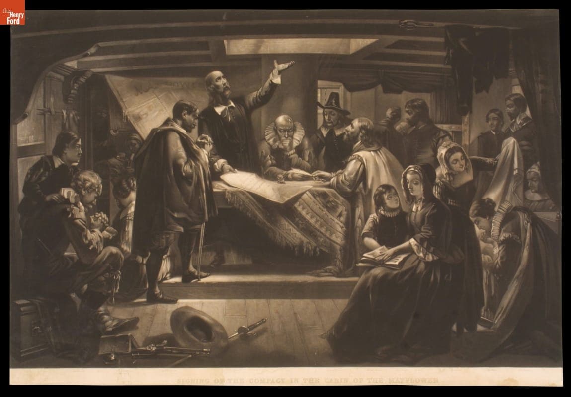 Mezzotint, "Signing of the Compact in the Cabin of the Mayflower," circa 1856
