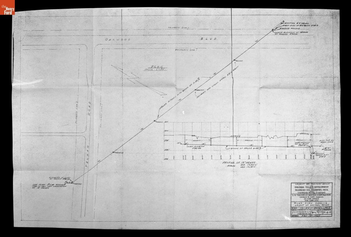 Plot Plan Showing Layout of Sanitary Sewer, Colonial Village Development for Dearborn Inn, January 1937