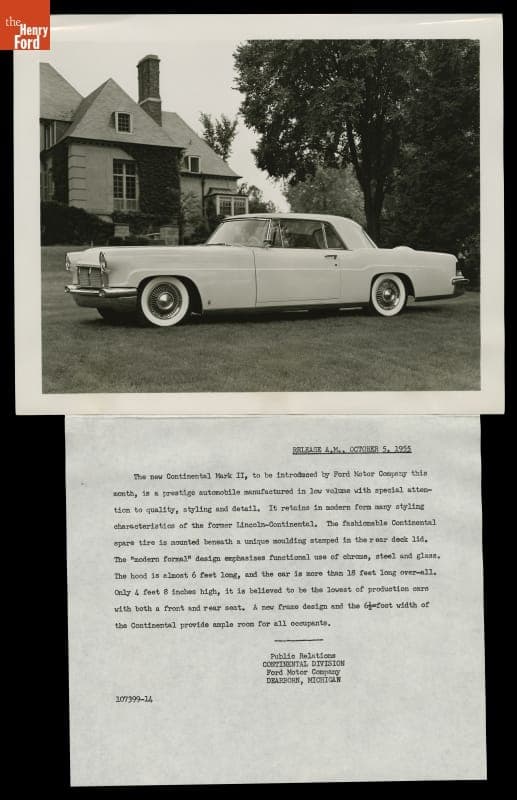 1956 Continental Mark II Publicity Photograph and Press Release