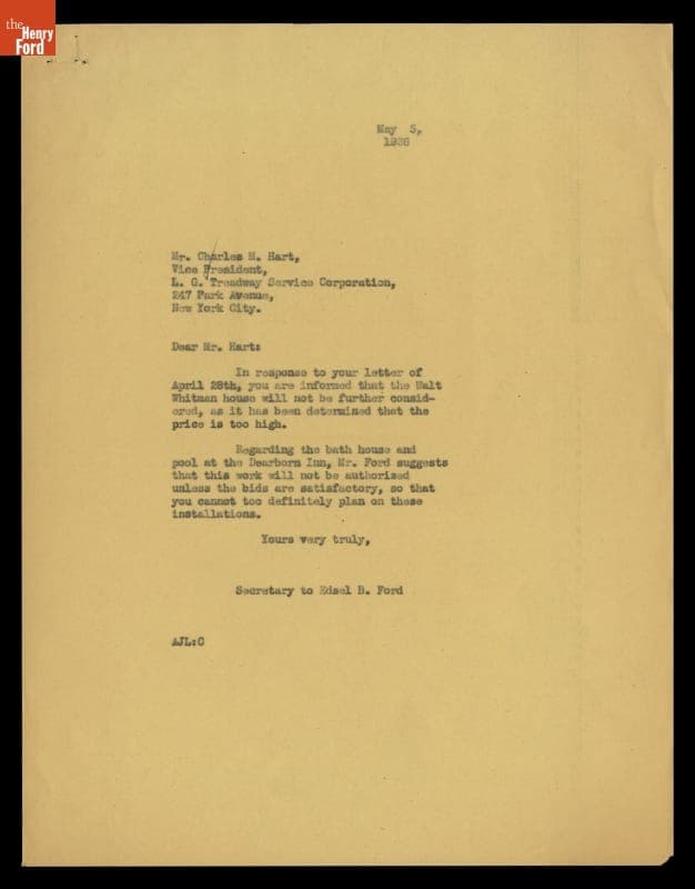 Letter from Edsel Ford's Office to Charles Hart regarding the Walt Whitman House, Pool and Bath House for Dearborn Inn, May 3, 1936