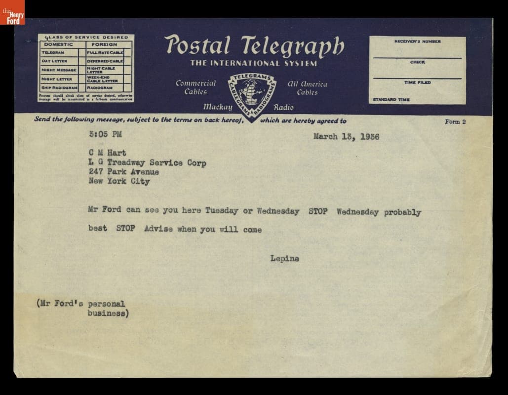 Telegram from A. J. Lepine (for Edsel Ford) to Charles Hart Accepting Meeting to Discuss Dearborn Inn Planning, March 13, 1936