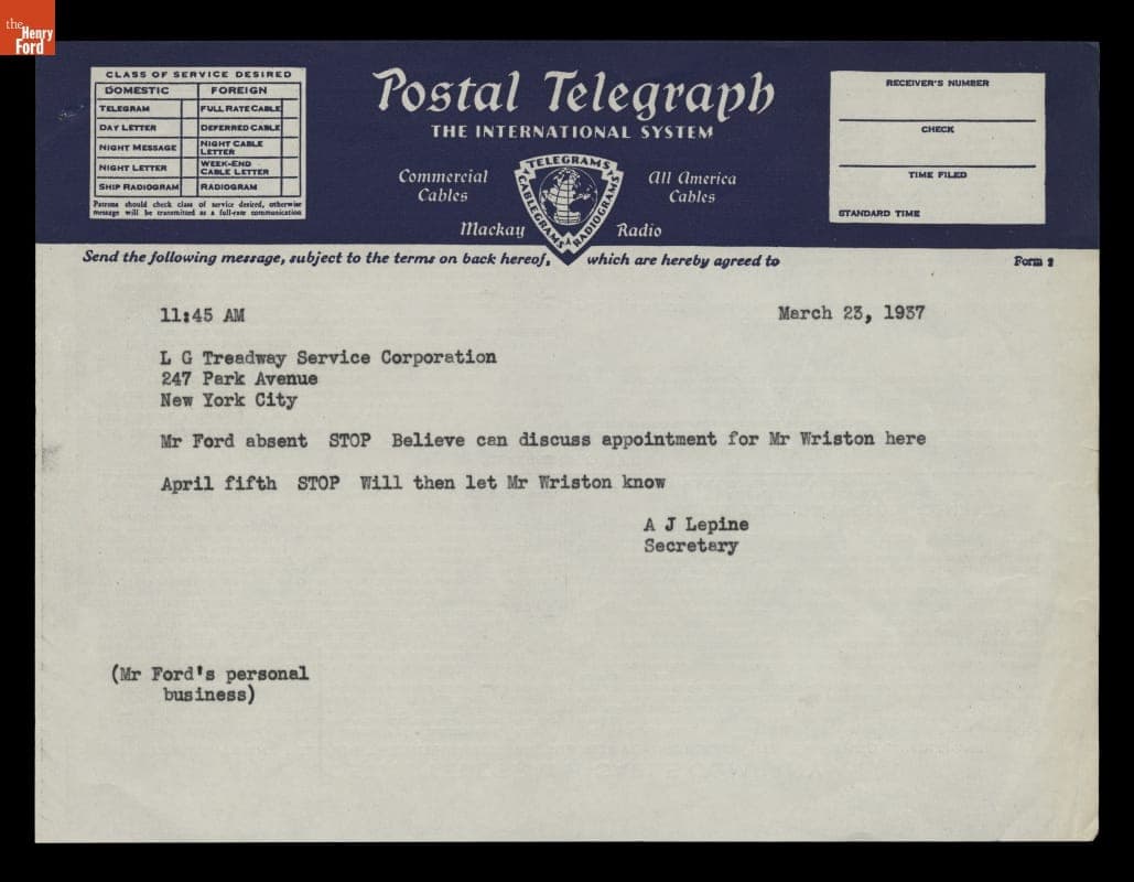 Telegram from A. J. Lepine (for Edsel Ford) to L. G. Treadway Service Arranging Meeting to Discuss Dearborn Inn Colonial Village, March 23, 1937