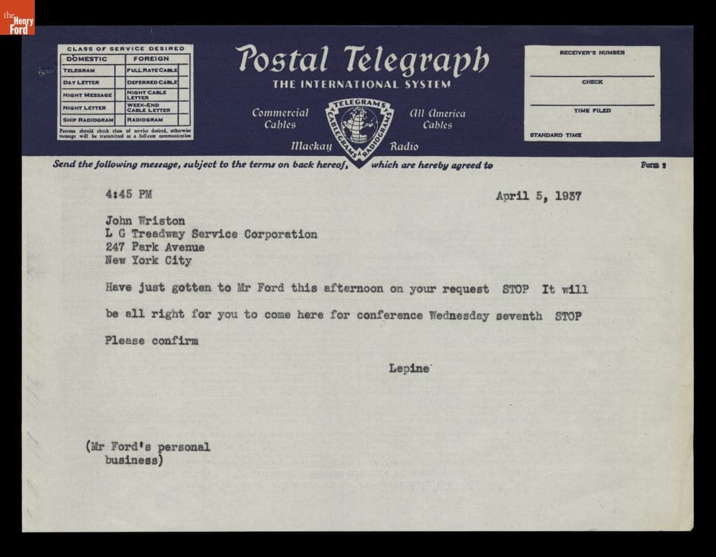 Telegram from A. J. Lepine (for Edsel Ford) to John Wriston Arranging Meeting to Discuss Dearborn Inn Colonial Village, April 5, 1937
