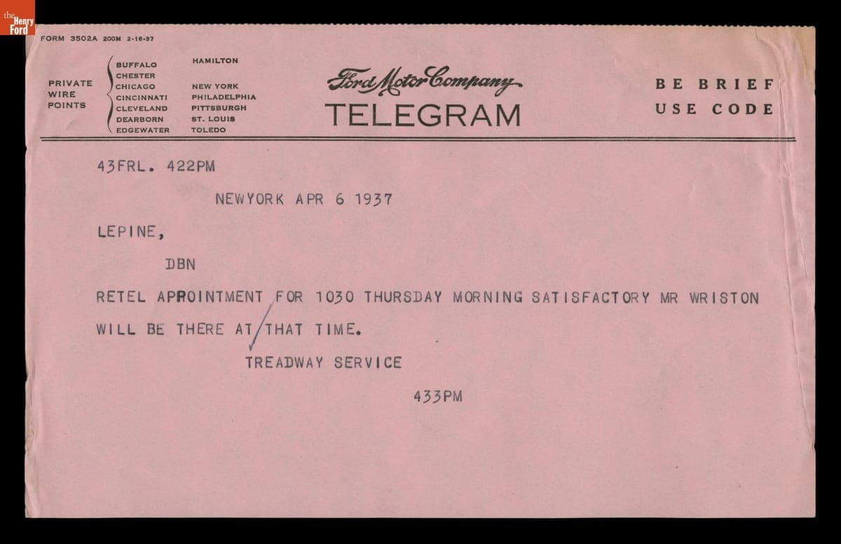 Telegram from L. G. Treadway Service to A. J. Lepine (for Edsel Ford) Concerning Dearborn Inn Colonial Village, April 6, 1937