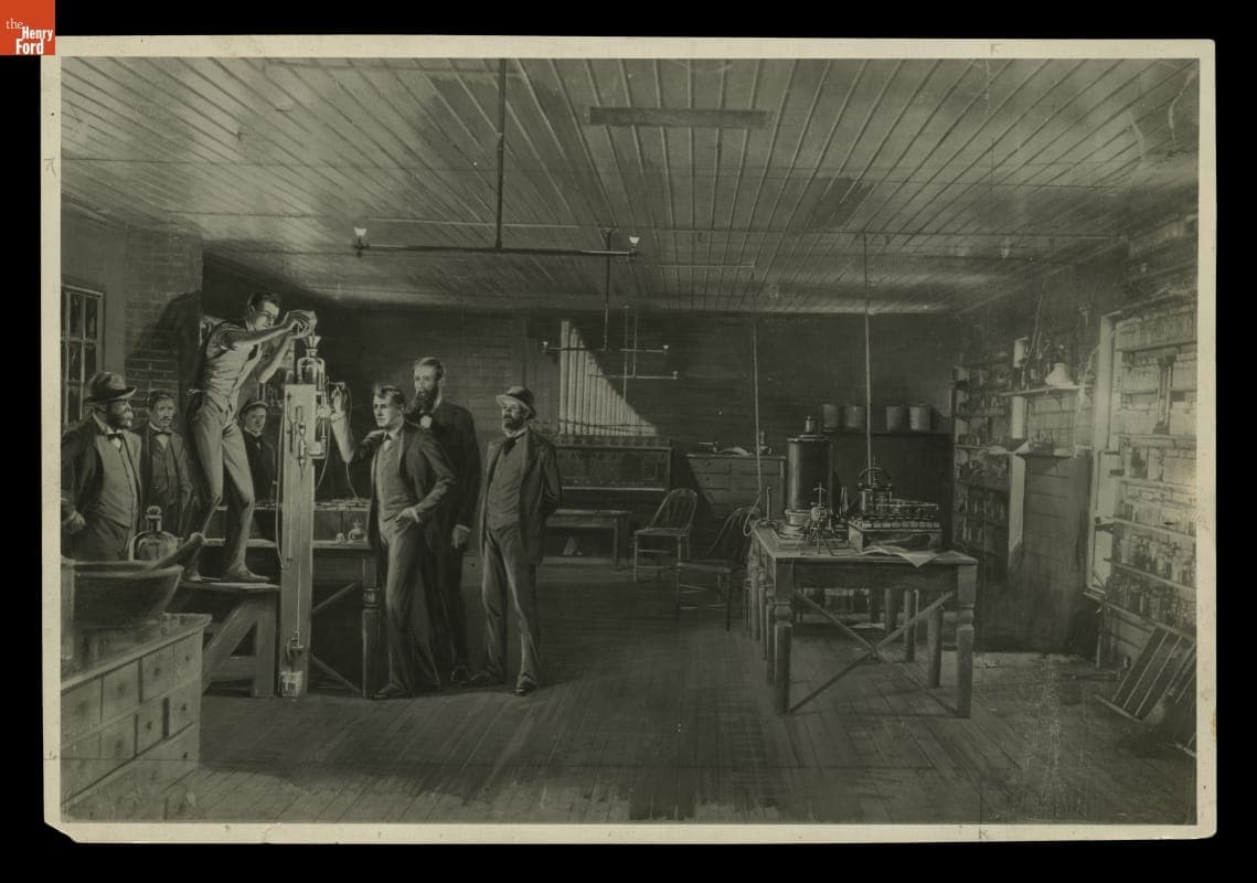 Illustration, Preparing the First Practical Incandescent Lamp for Testing at Edison's Menlo Park Laboratory, October 19, 1879