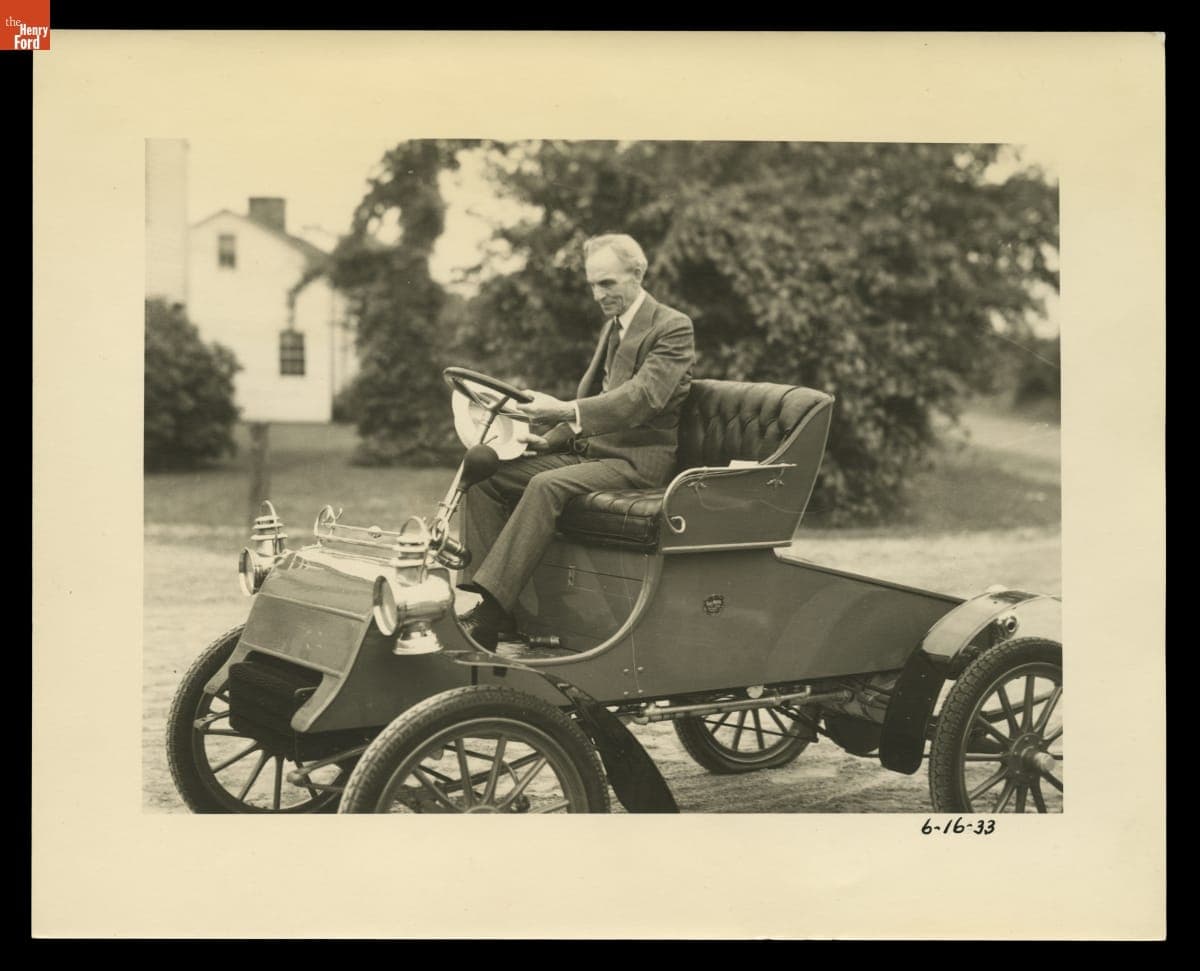 Henry Ford in a 1903-1904 Model A on Ford Motor Company's 30th Anniversary, June 16, 1933