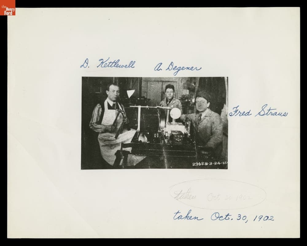 Dick Kettlewell, August Degener, and Frederick Strauss, at Ford & Malcomson Company, October 30, 1902