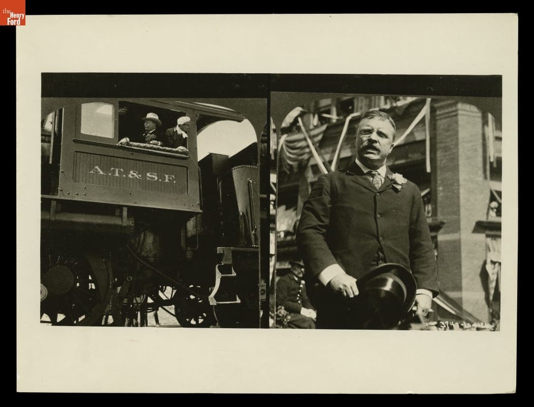 Two Views of Theodore Roosevelt: Riding in a Railroad Locomotive and Giving a Speech, likely 1903
