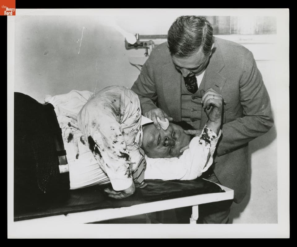 Richard Frankensteen Having Wounds Treated after the Battle of the Overpass, May 26, 1937
