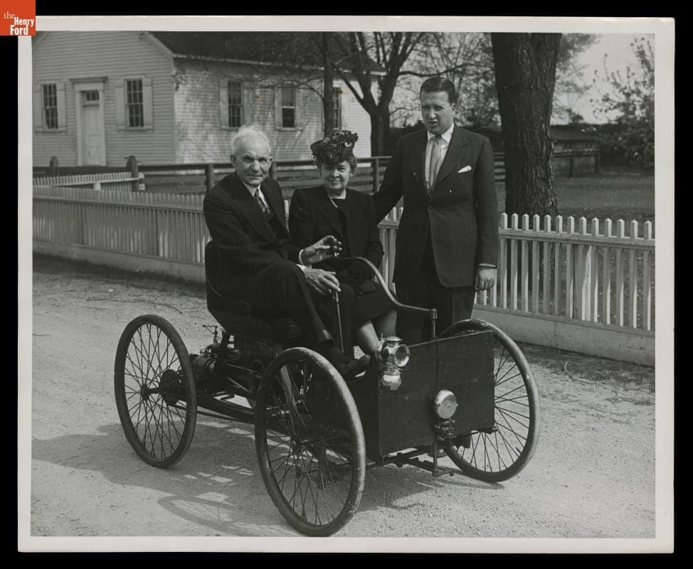 Henry Ford, Clara Ford, and Henry Ford II with 1896 Ford Quadricycle in Greenfield Village, May 1946