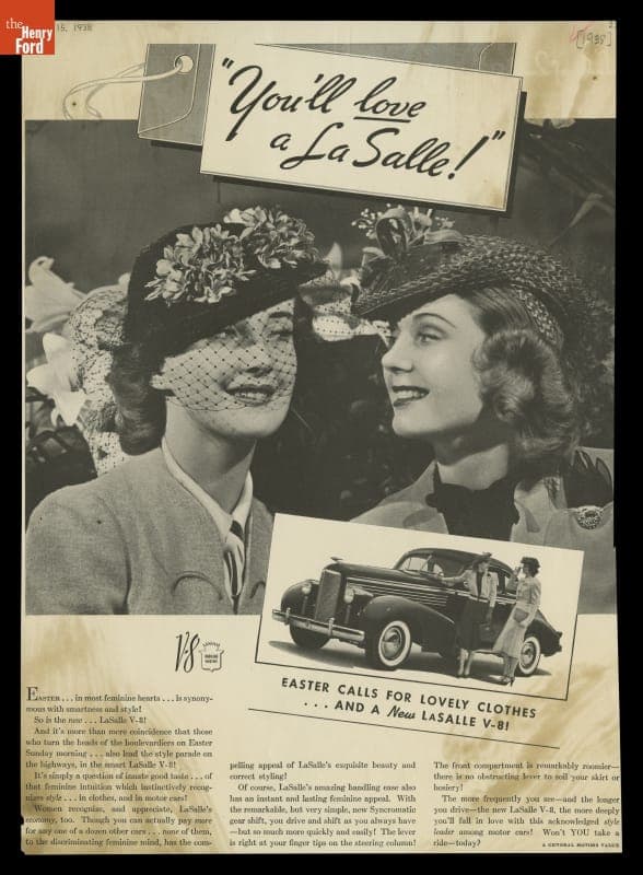 Advertisement for Cadillac LaSalle from General Motors, 1938, "You'll Love a LaSalle!"