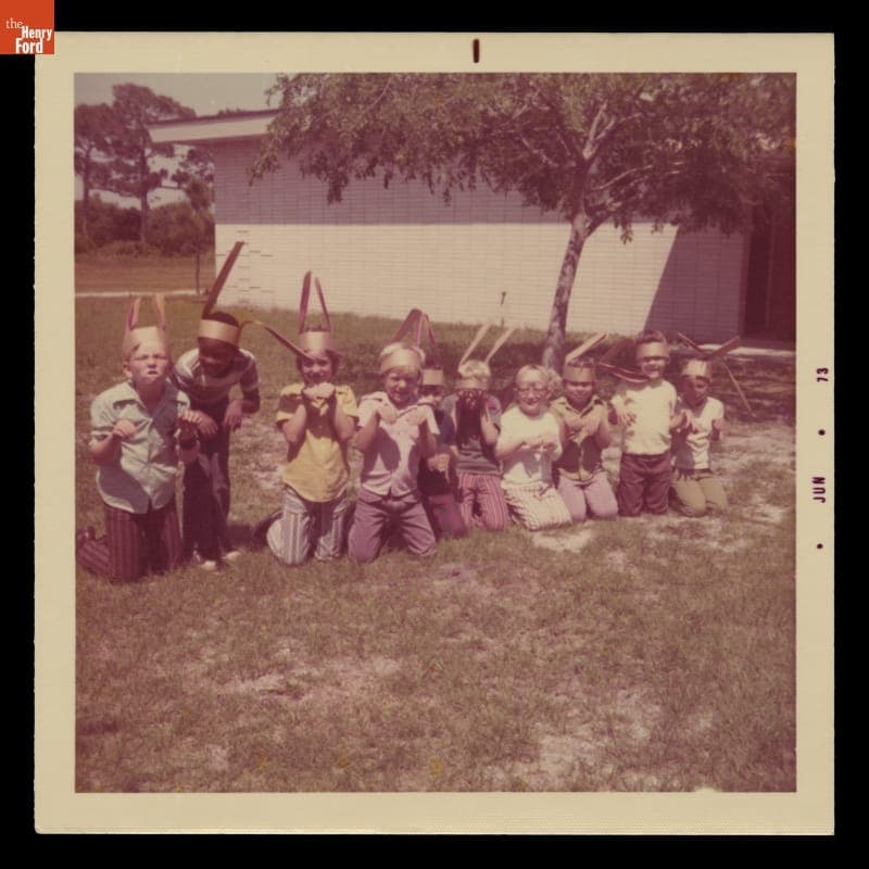 Young Boys Wearing Paper Bunny Ears for Easter, 1973