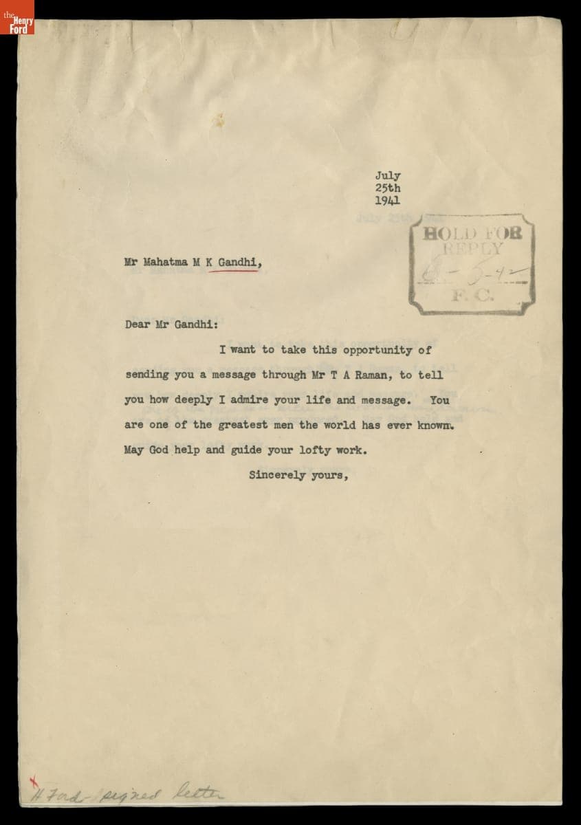 Letter of Admiration to Mahatma M.K. Gandhi from Henry Ford, July 25, 1941