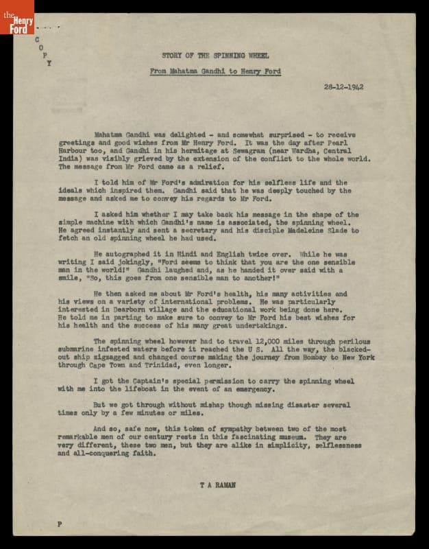 T.A. Raman's Reminiscences of Mahatma M.K. Gandhi's Gift to Henry Ford, "Story of the Spinning Wheet," 1942