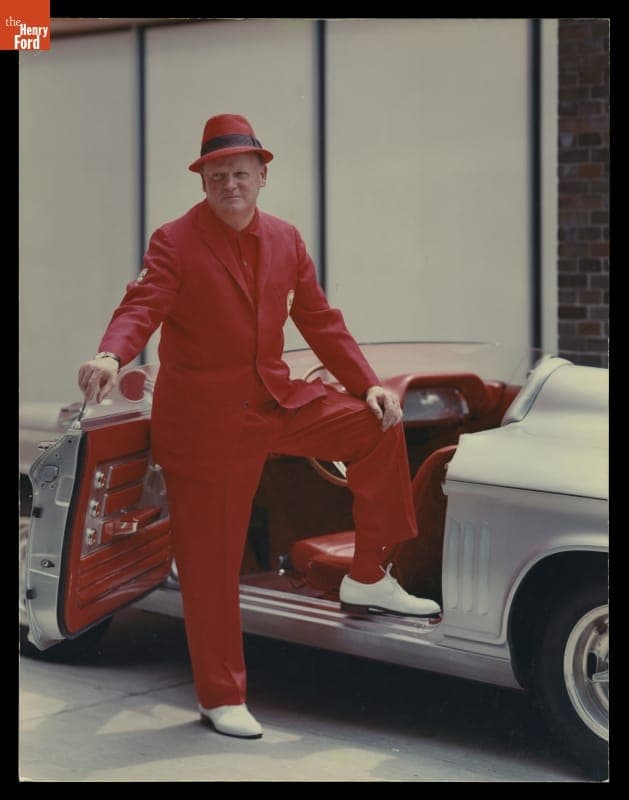 William L. Mitchell with 1962 Corvair XP-875 Super Spyder Concept Car, 1963