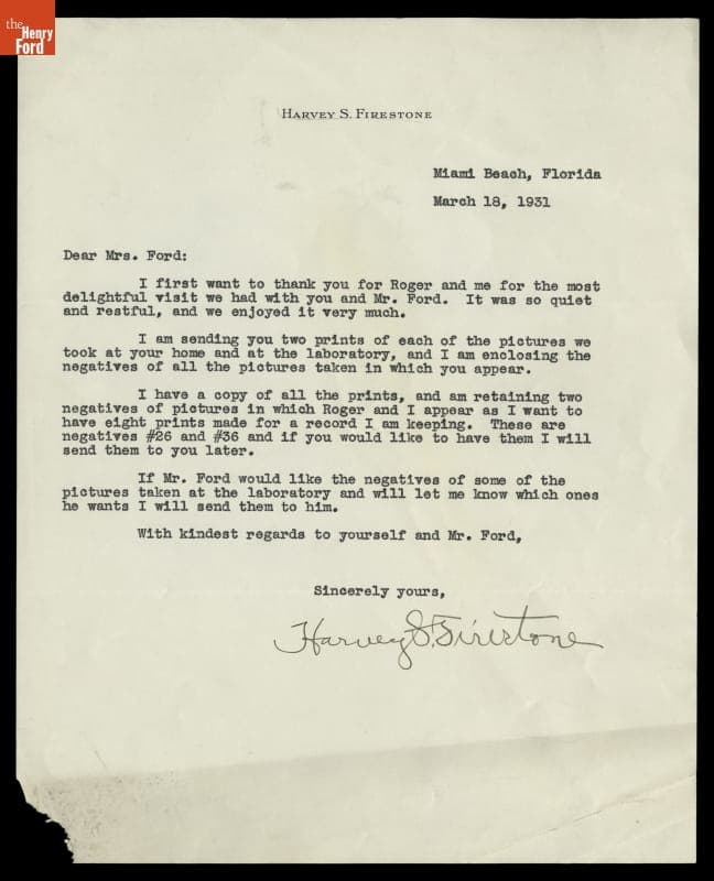 Letter from Harvey S. Firestone to Clara Ford, March 18, 1931