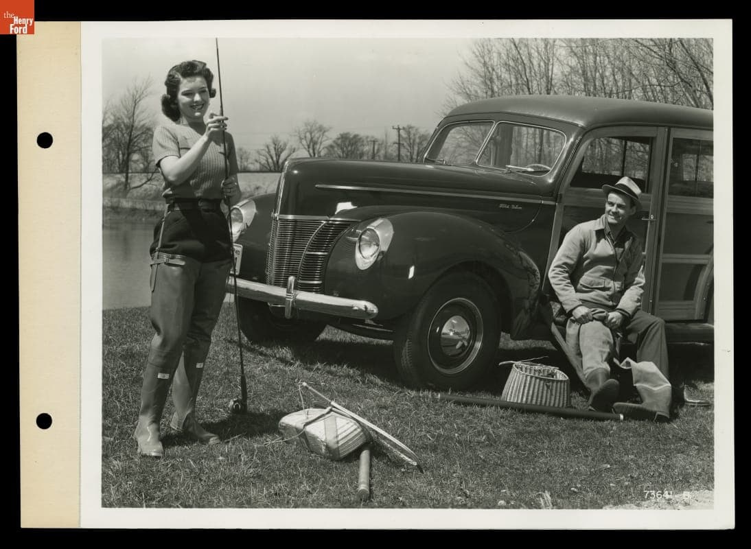 1940 Ford V-8 DeLuxe Station Wagon with People and Fishing Tackle