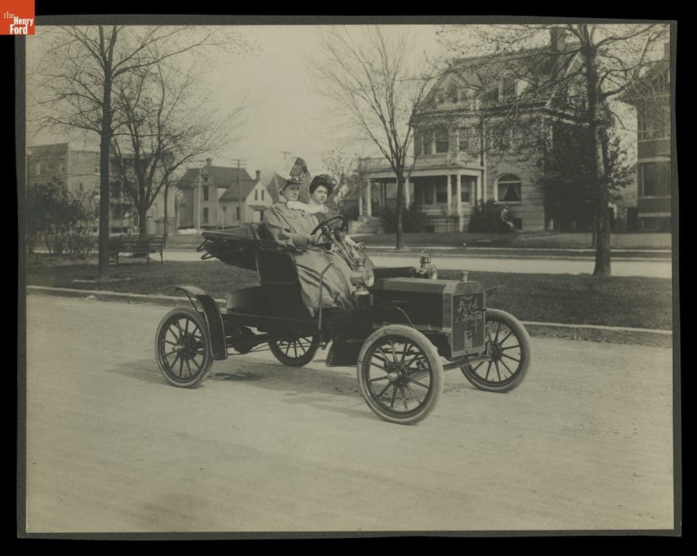 Clara Ford Driving a 1906 Ford Model N on Grand Boulevard, Detroit, Michigan, with Myrle Clarkson as Passenger