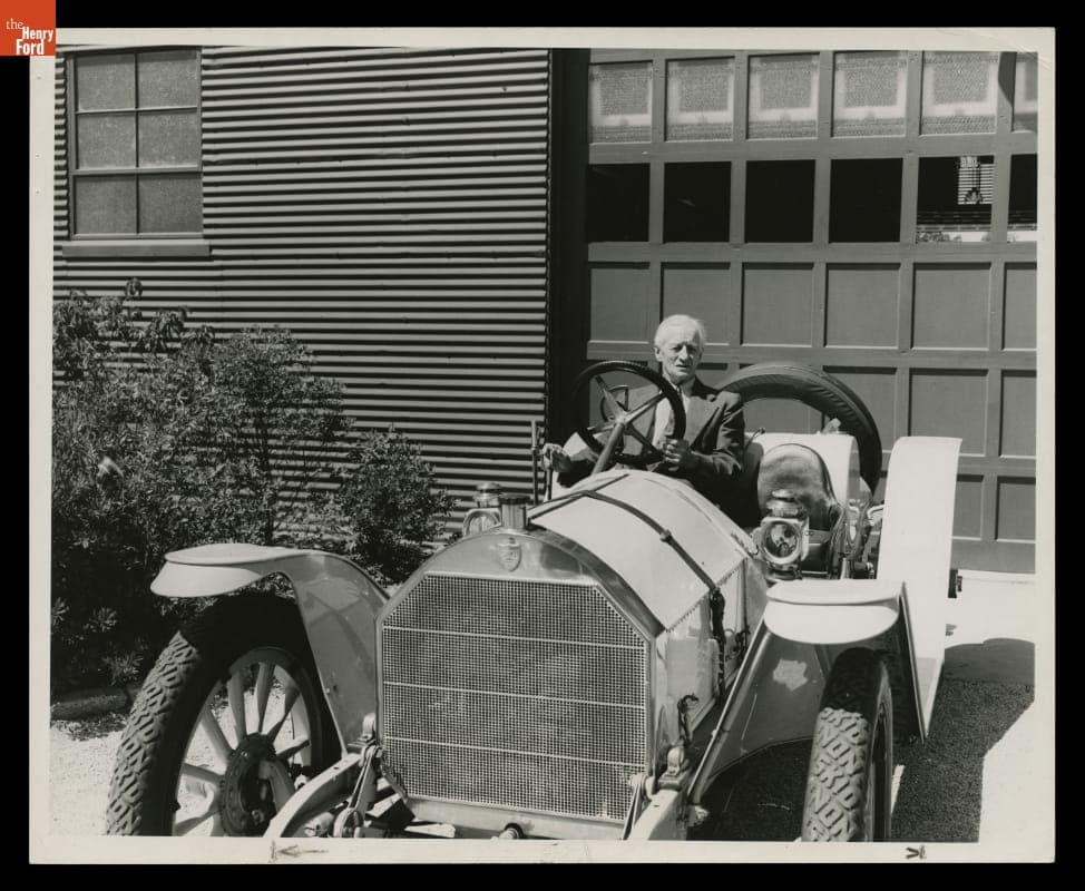 Finley R. Porter in 1911 Mercer Raceabout at Long Island Automotive Museum, Southampton, New York, July 1952