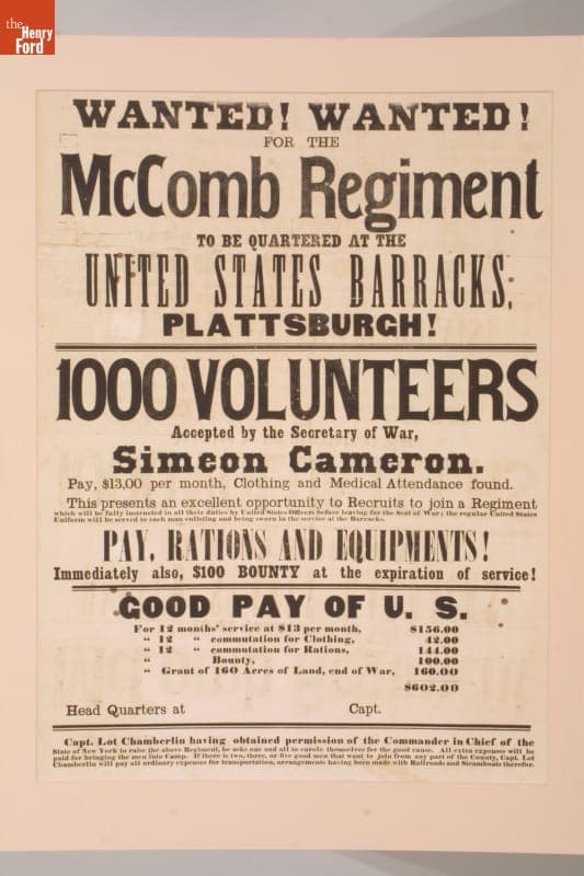 "Wanted! Wanted! For the McComb Regiment... Plattsburgh... 1000 Volunteers...," 1862