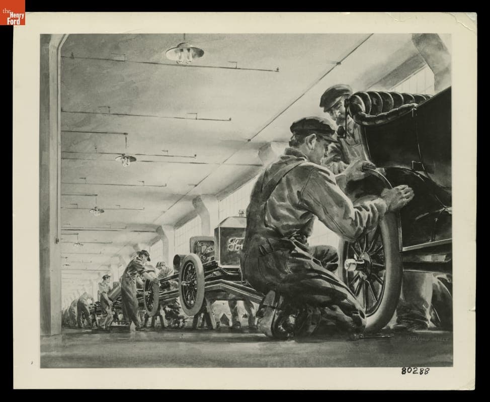 Painting of the Original Ford Model T Assembly Line, Made for Institutional Advertising in 1944
