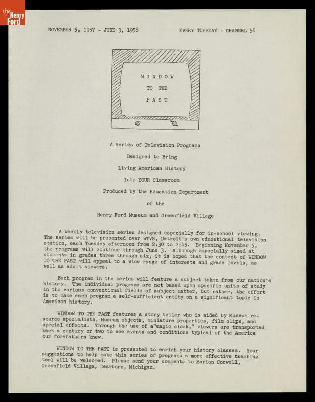 Information for School Teachers, "Window to the Past" Educational TV Series, 1957-1958