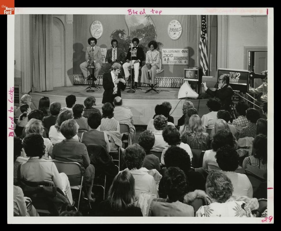Phil Donahue Hosting His Show in Greenfield Village, with Gladys Knight and the Pips, May 1973