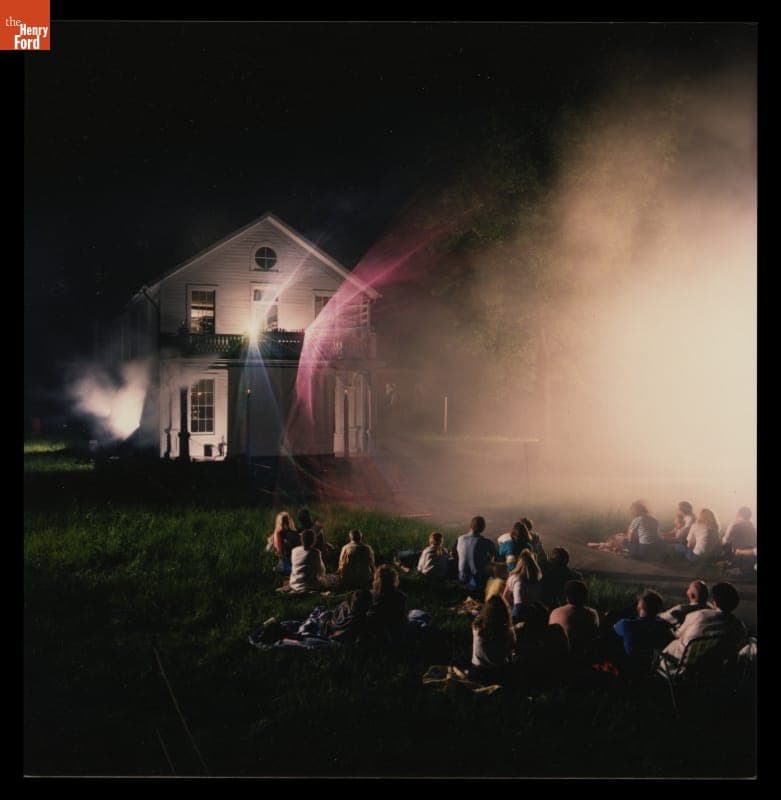 Filming a Laser Show at Menlo Park Laboratory in Greenfield Village for ABC-TV's World of Discovery, May 25, 1989