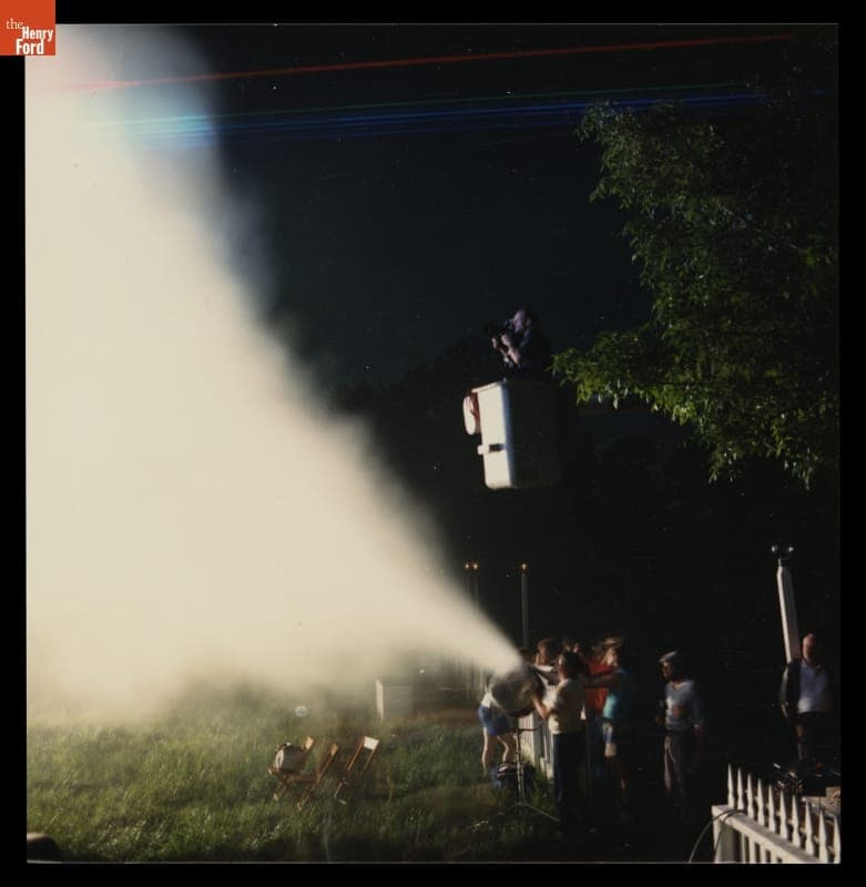 Filming a Laser Show at Menlo Park Laboratory in Greenfield Village for ABC-TV's World of Discovery, May 25, 1989
