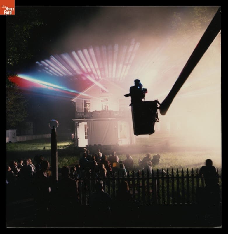 Filming a Laser Show at Menlo Park Laboratory in Greenfield Village for ABC-TV's World of Discovery, May 25, 1989