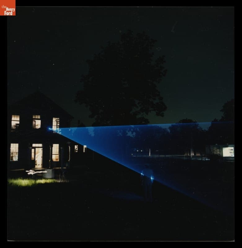 Filming a Laser Show at Menlo Park Laboratory in Greenfield Village for ABC-TV's World of Discovery, May 25, 1989