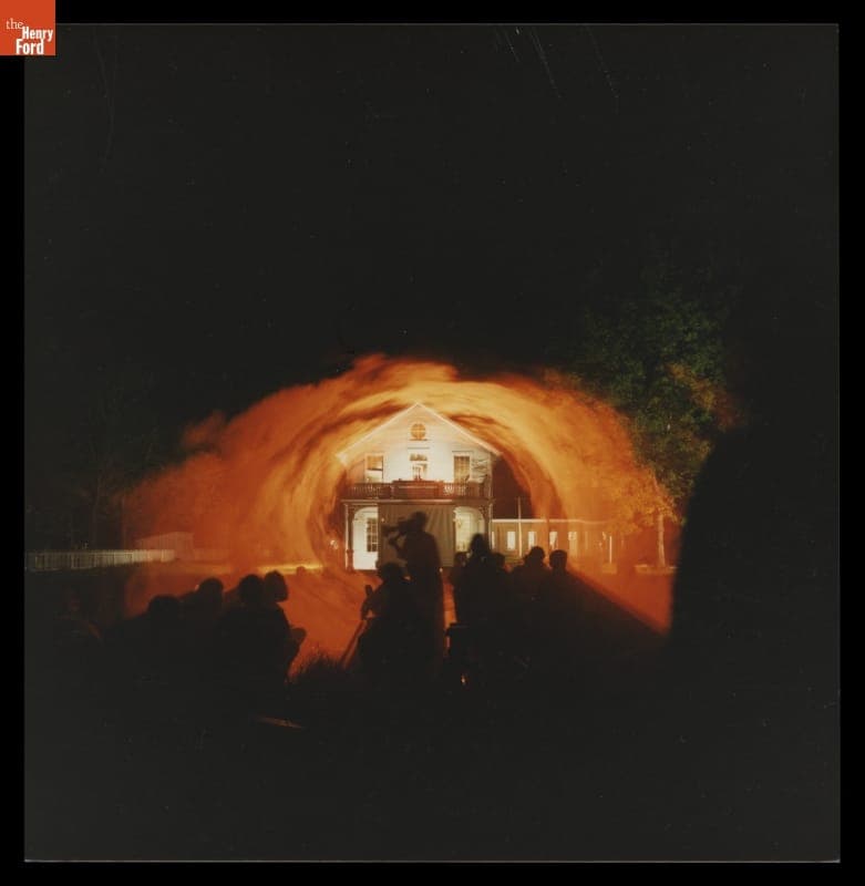 Filming a Laser Show at Menlo Park Laboratory in Greenfield Village for ABC-TV's World of Discovery, May 25, 1989