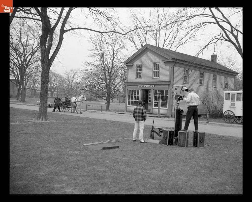Videotaping the ABC-TV "Discovery 64" Show in Greenfield Village near Elias A. Brown General Store, November 1963
