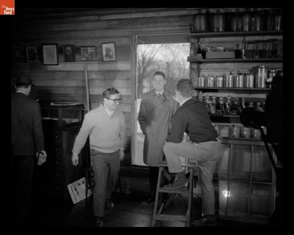 Videotaping the ABC-TV "Discovery 64" Show in Greenfield Village, Director, Host and Producer inside Menlo Park Laboratory, November 1963
