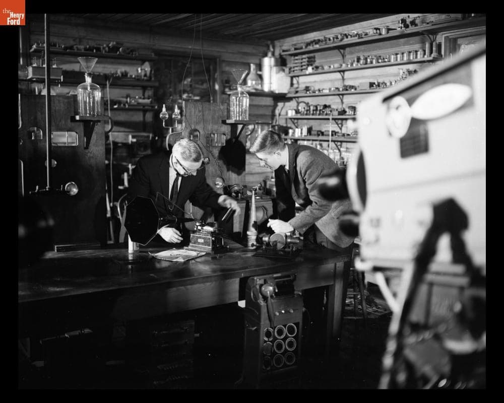 Videotaping the ABC-TV "Discovery 64" Show in Greenfield Village, Curator Frank Davis and Program Host inside Menlo Park Laboratory, November 1963