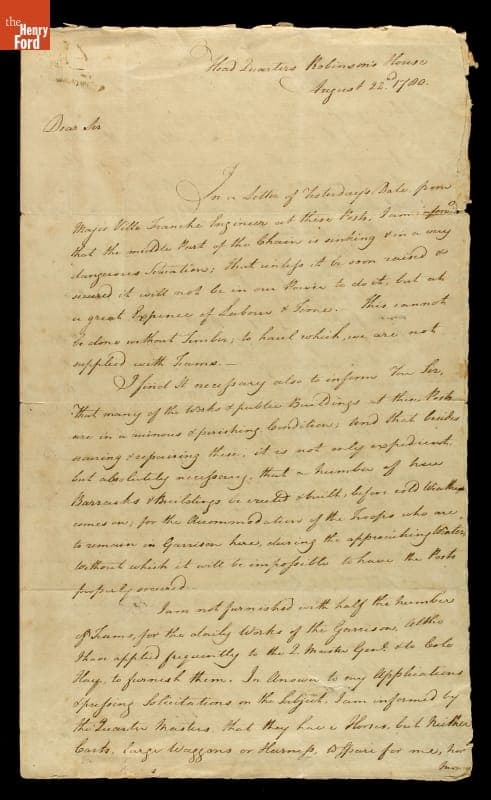Letter from Benedict Arnold to George Clinton, Governor of New York,  August 22, 1780